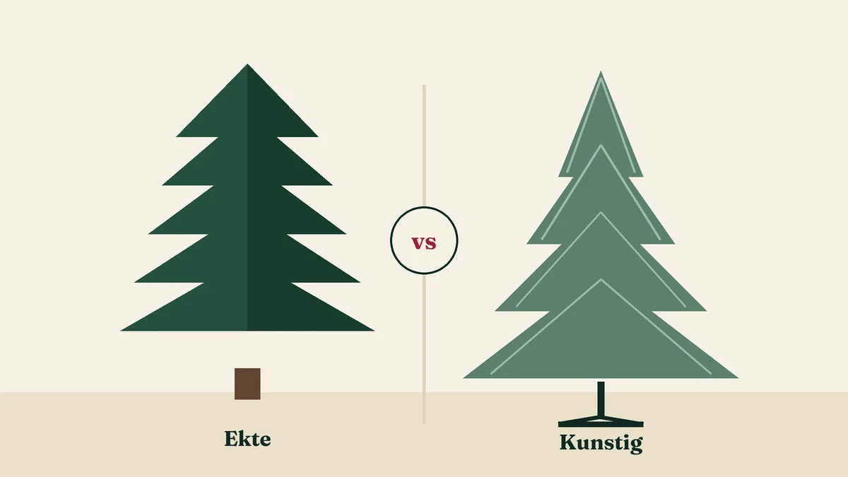 Illustrasjon av et ekte grantre og et kunstig juletre på metallfot side om side
