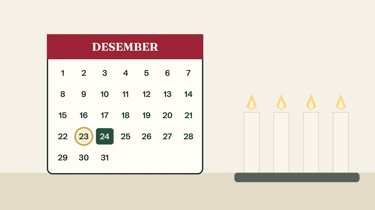 Illustrasjon av en desemberkalender der den 23. er markert, ved siden av fire adventslys