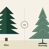 Illustrasjon av et ekte grantre og et kunstig juletre på metallfot side om side