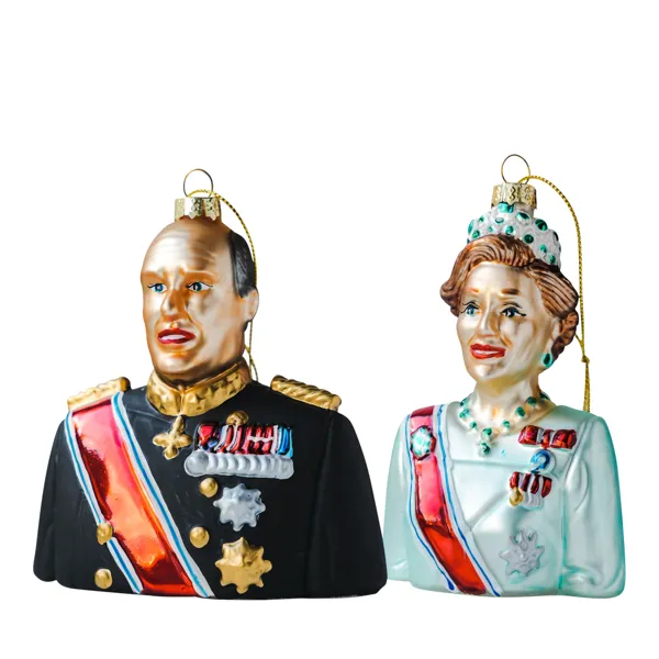 Heim julekuler med Kong Harald og Dronning Sonja, håndmalt glass
