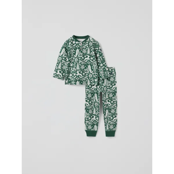Grønn julepyjamas for barn med skogsdyr og graner